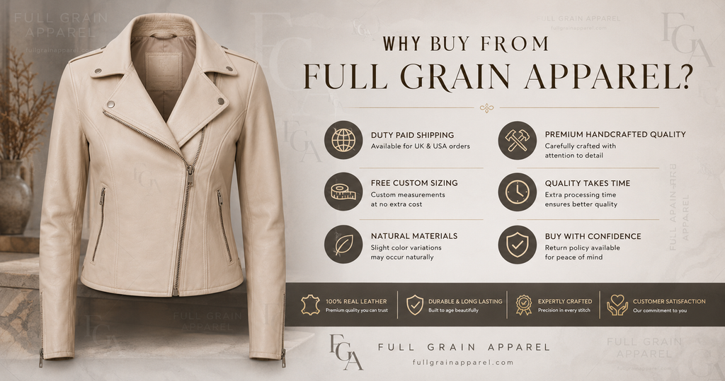 Women's Ivory Leather Moto Jacket Premium Biker Style Full Grain Apparel