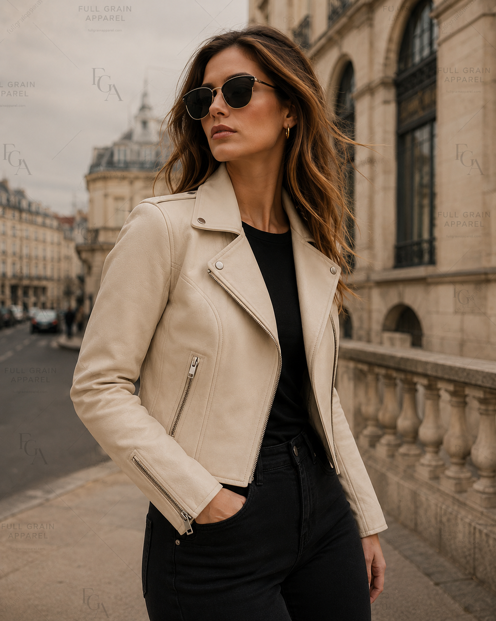 Women's Ivory Leather Moto Jacket Premium Biker Style Full Grain Apparel