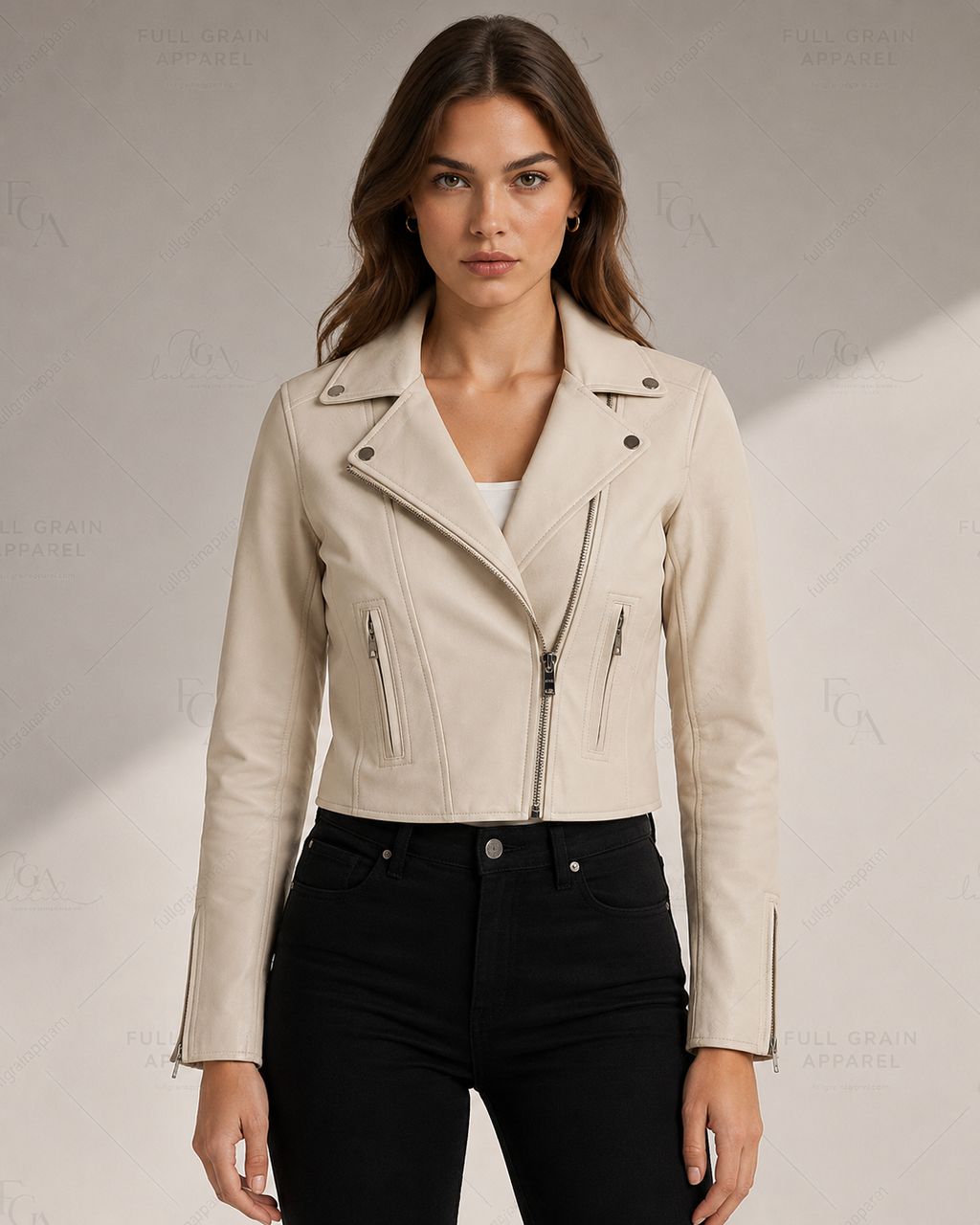 Women's Ivory Leather Moto Jacket Premium Biker Style Full Grain Apparel