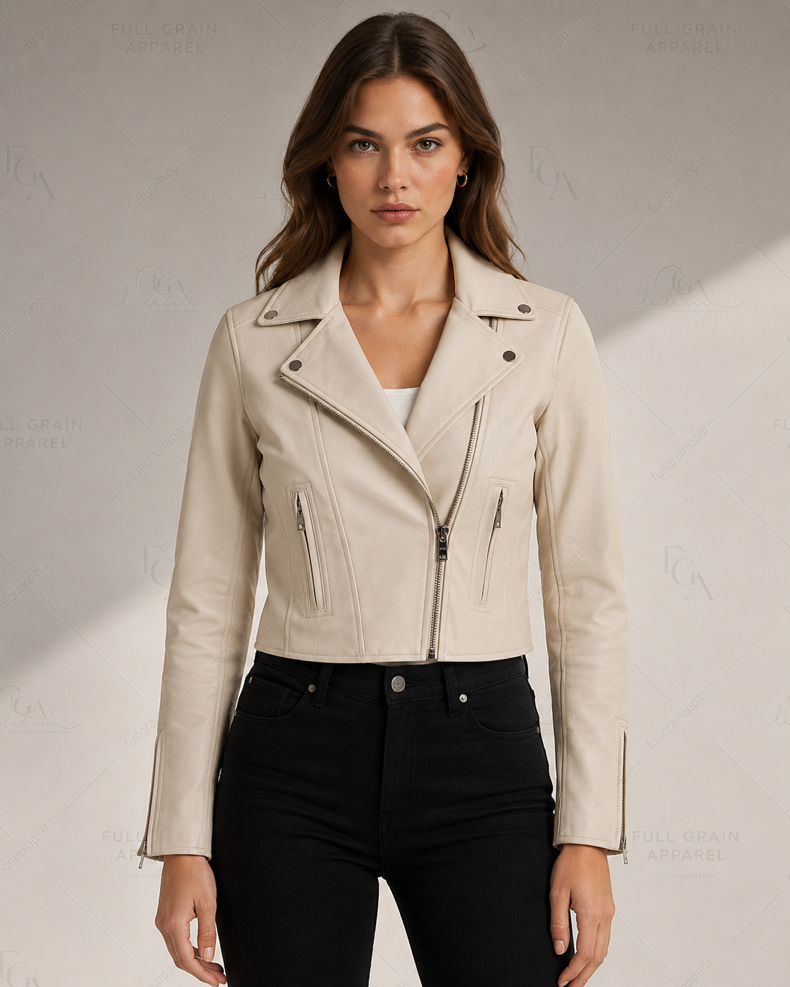 Women's Ivory Leather Moto Jacket Premium Biker Style Full Grain Apparel