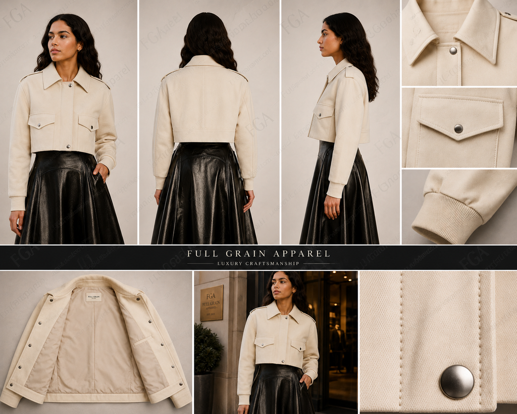 Women's Cropped Cream Leather Jacket | Modern Shirt Style | Full Grain Apparel