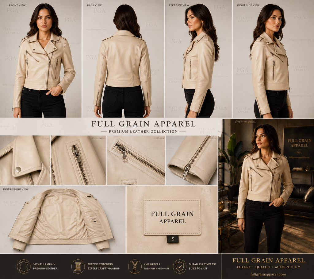 Women's Beige Moto Leather Jacket | Premium Biker Style | Full Grain Apparel