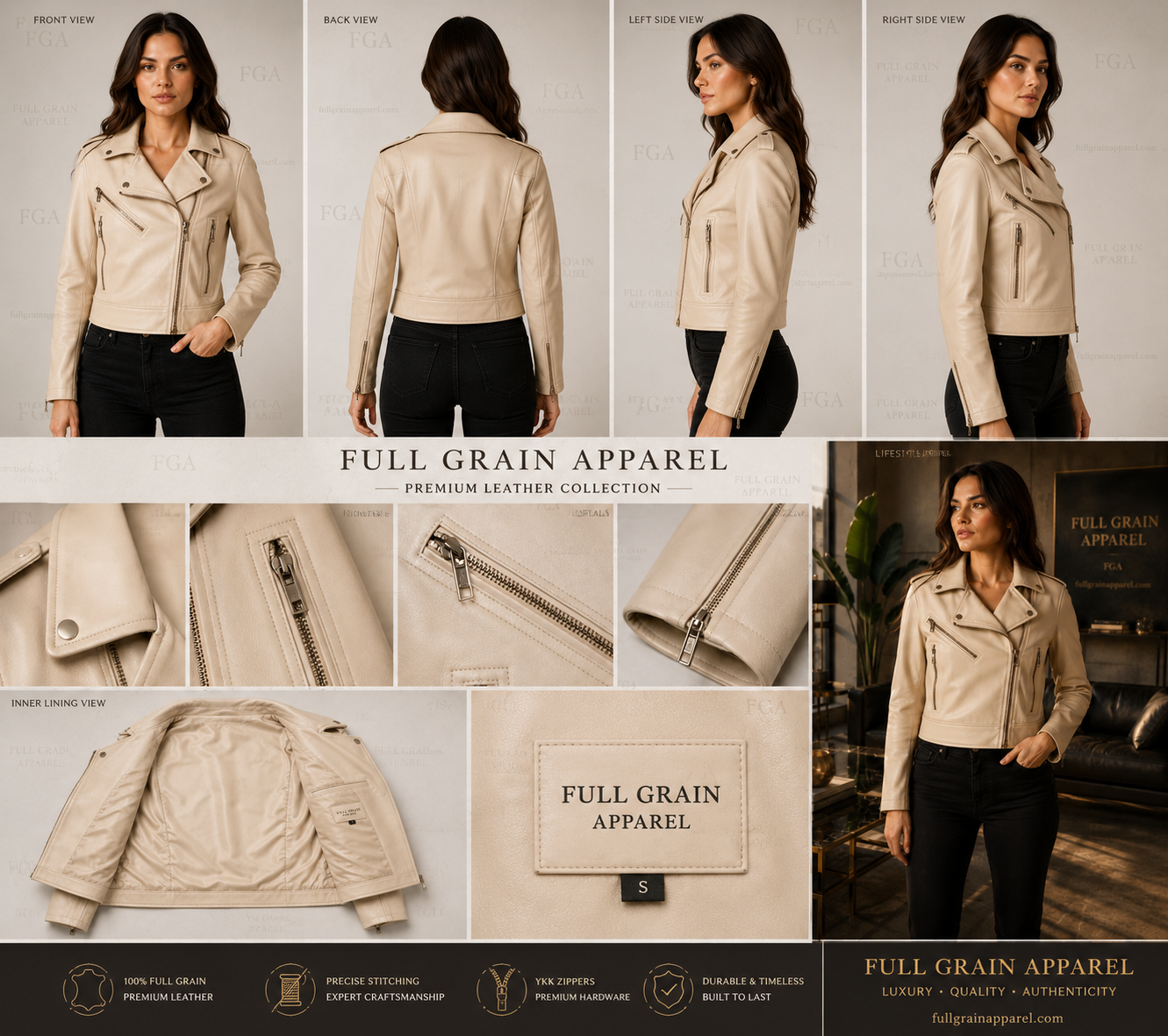 Women's Beige Moto Leather Jacket | Premium Biker Style | Full Grain Apparel