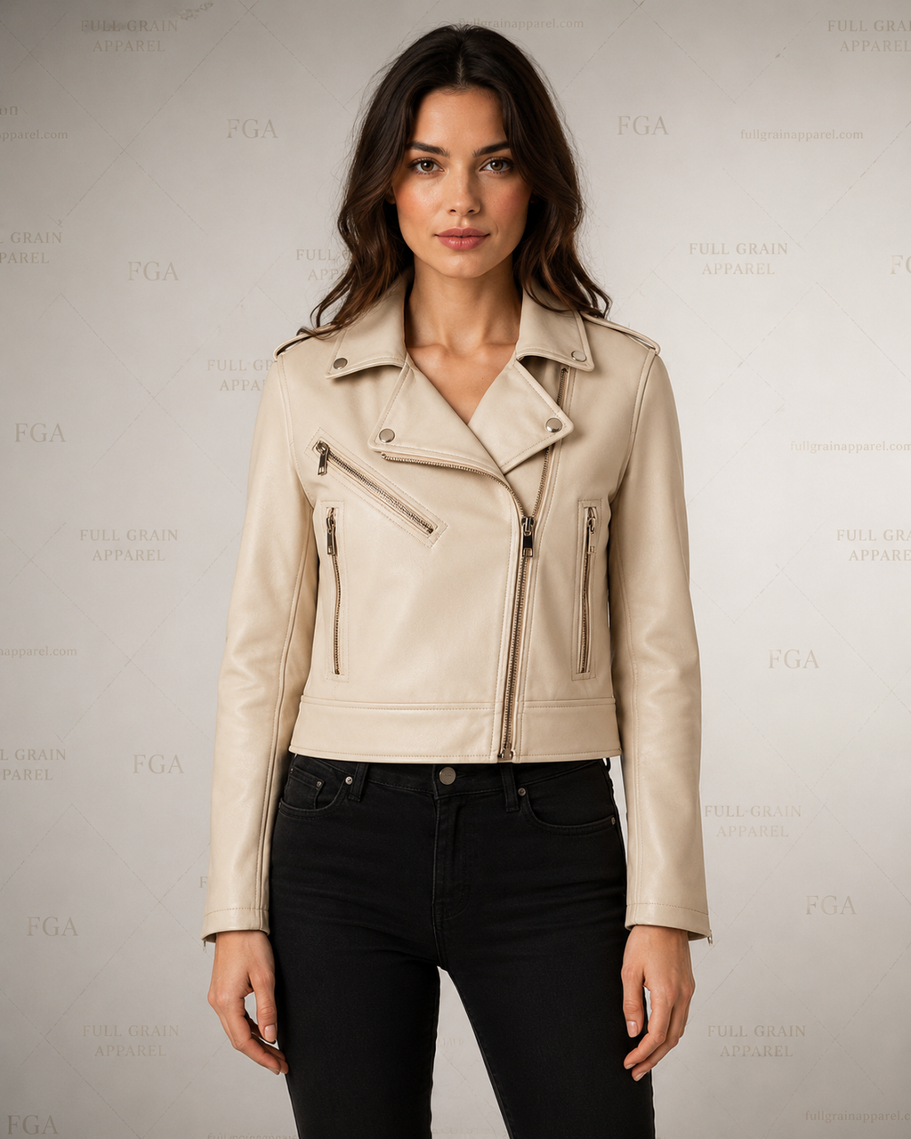 Women's Beige Moto Leather Jacket | Premium Biker Style | Full Grain Apparel