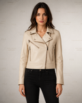Women's Beige Moto Leather Jacket | Premium Biker Style | Full Grain Apparel