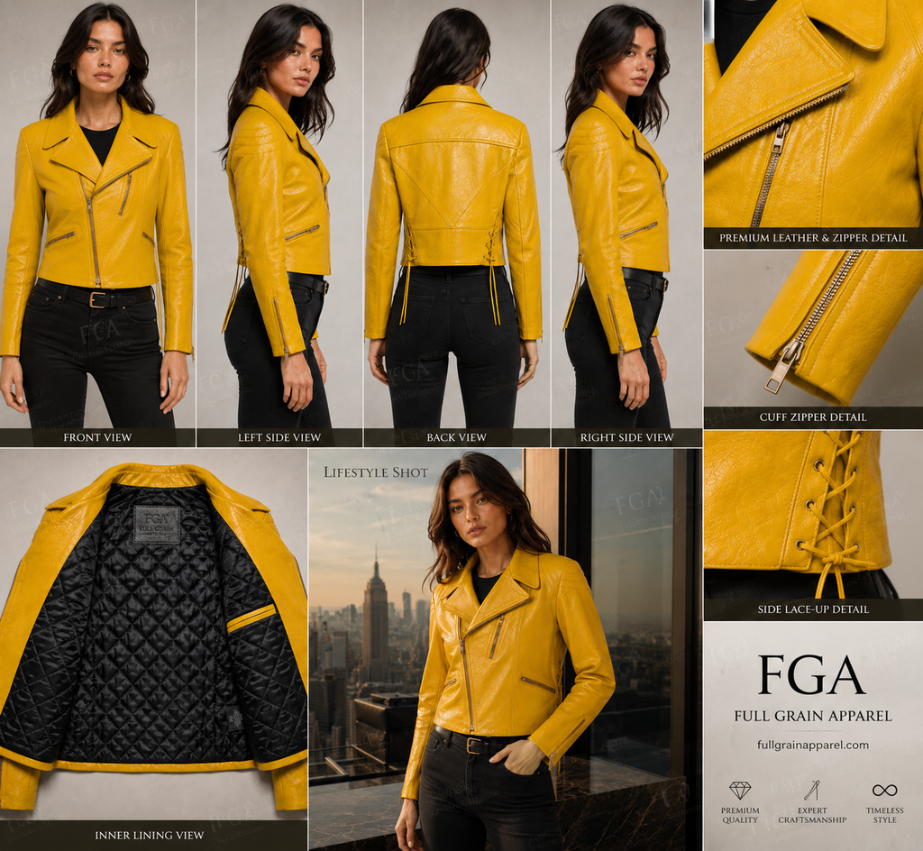 Women's Yellow Biker Leather Jacket | Lace-Up Moto | Full Grain Apparel