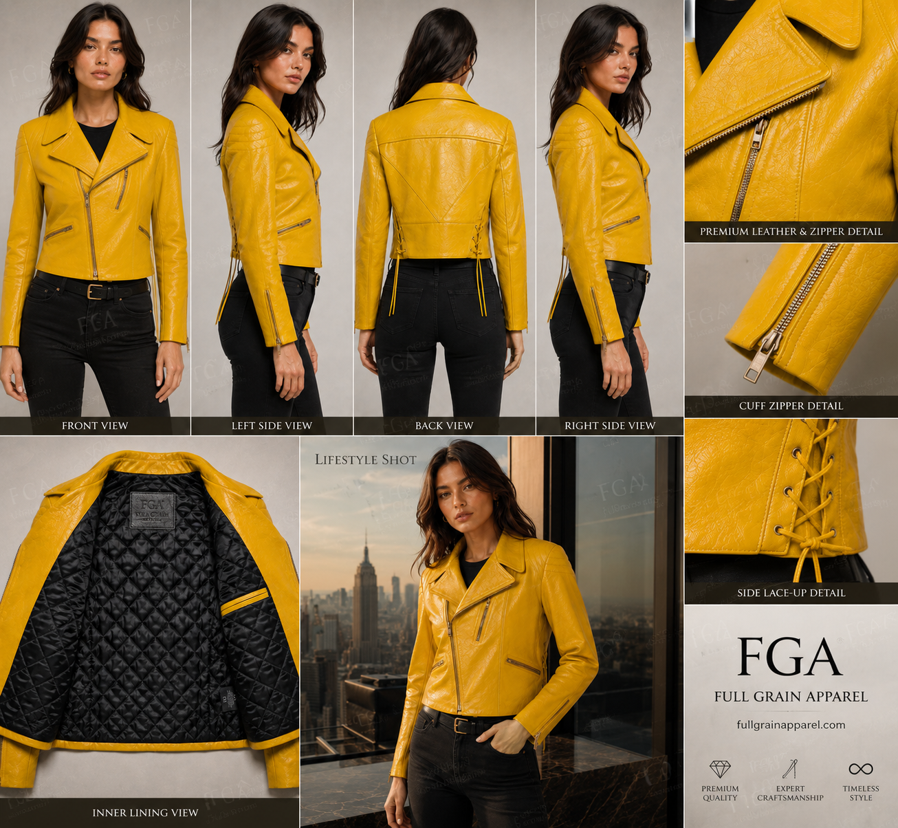 Women's Yellow Biker Leather Jacket | Lace-Up Moto | Full Grain Apparel