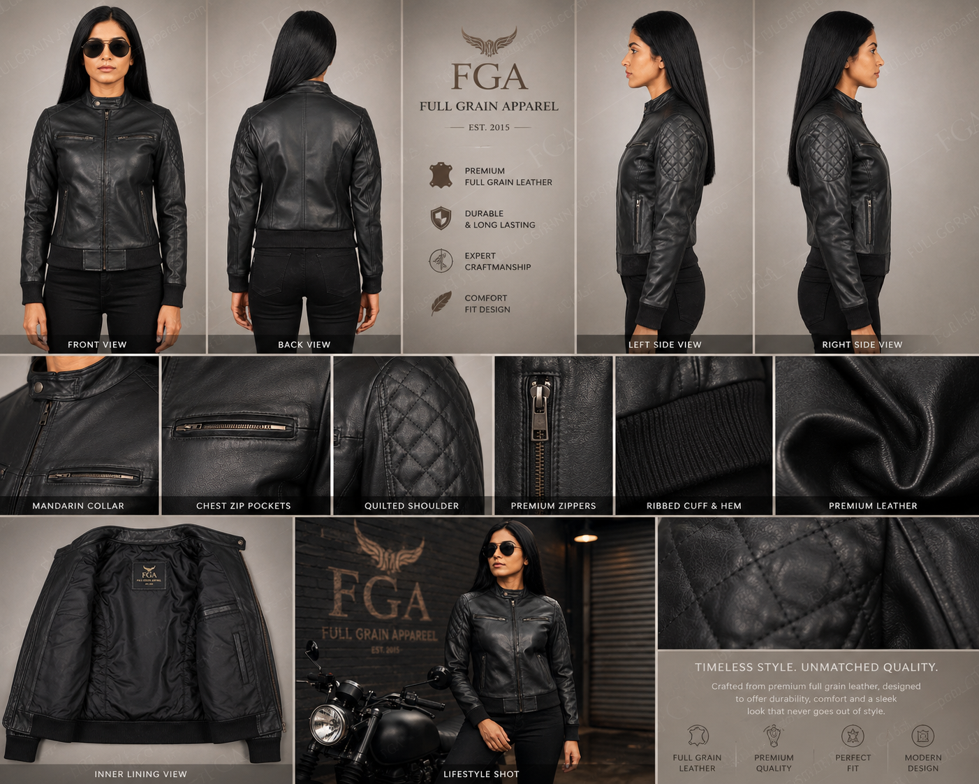 Women's Black Cafe Racer Leather Jacket | Quilted Moto | Full Grain Apparel