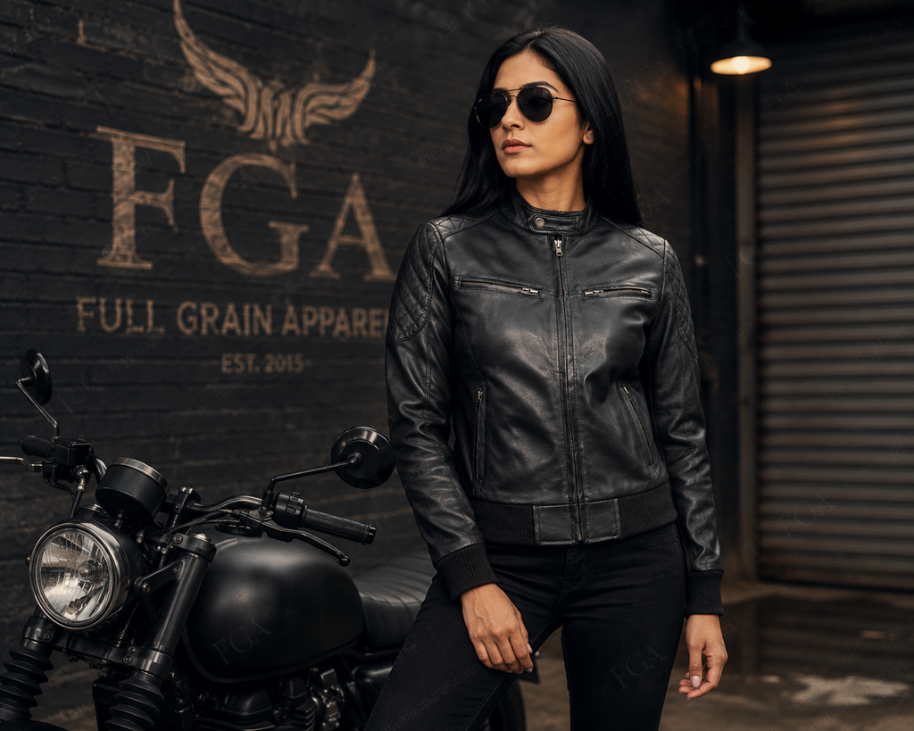 Women's Black Cafe Racer Leather Jacket | Quilted Moto | Full Grain Apparel