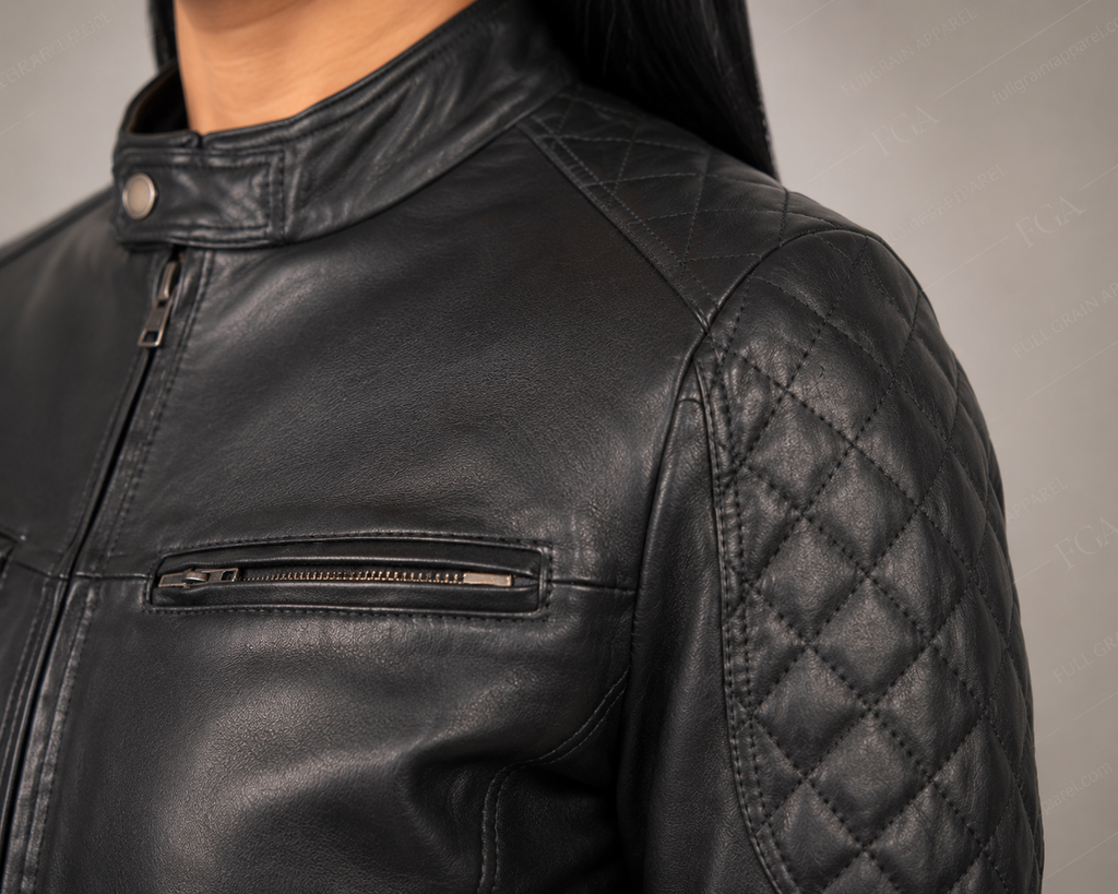 Women's Black Cafe Racer Leather Jacket | Quilted Moto | Full Grain Apparel
