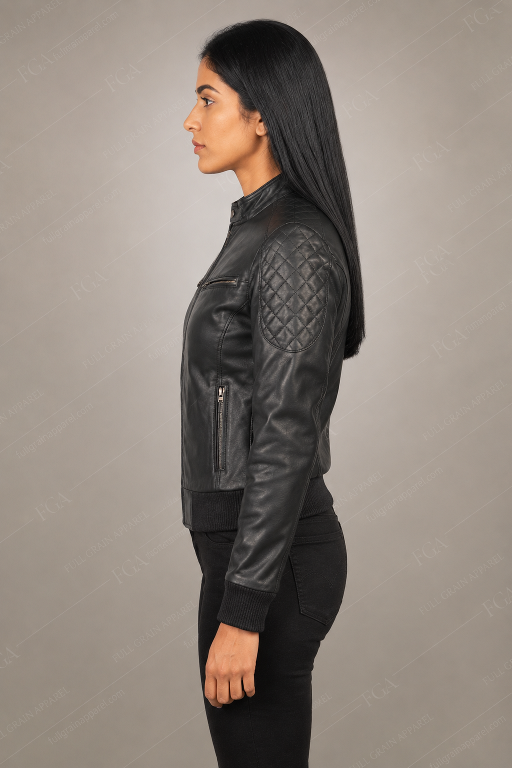 Women's Black Cafe Racer Leather Jacket | Quilted Moto | Full Grain Apparel