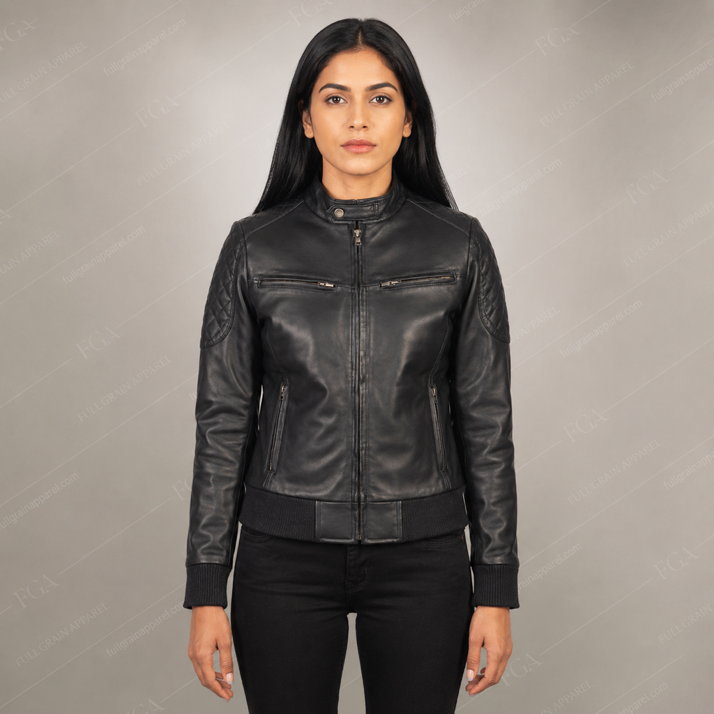 Women's Black Cafe Racer Leather Jacket | Quilted Moto | Full Grain Apparel