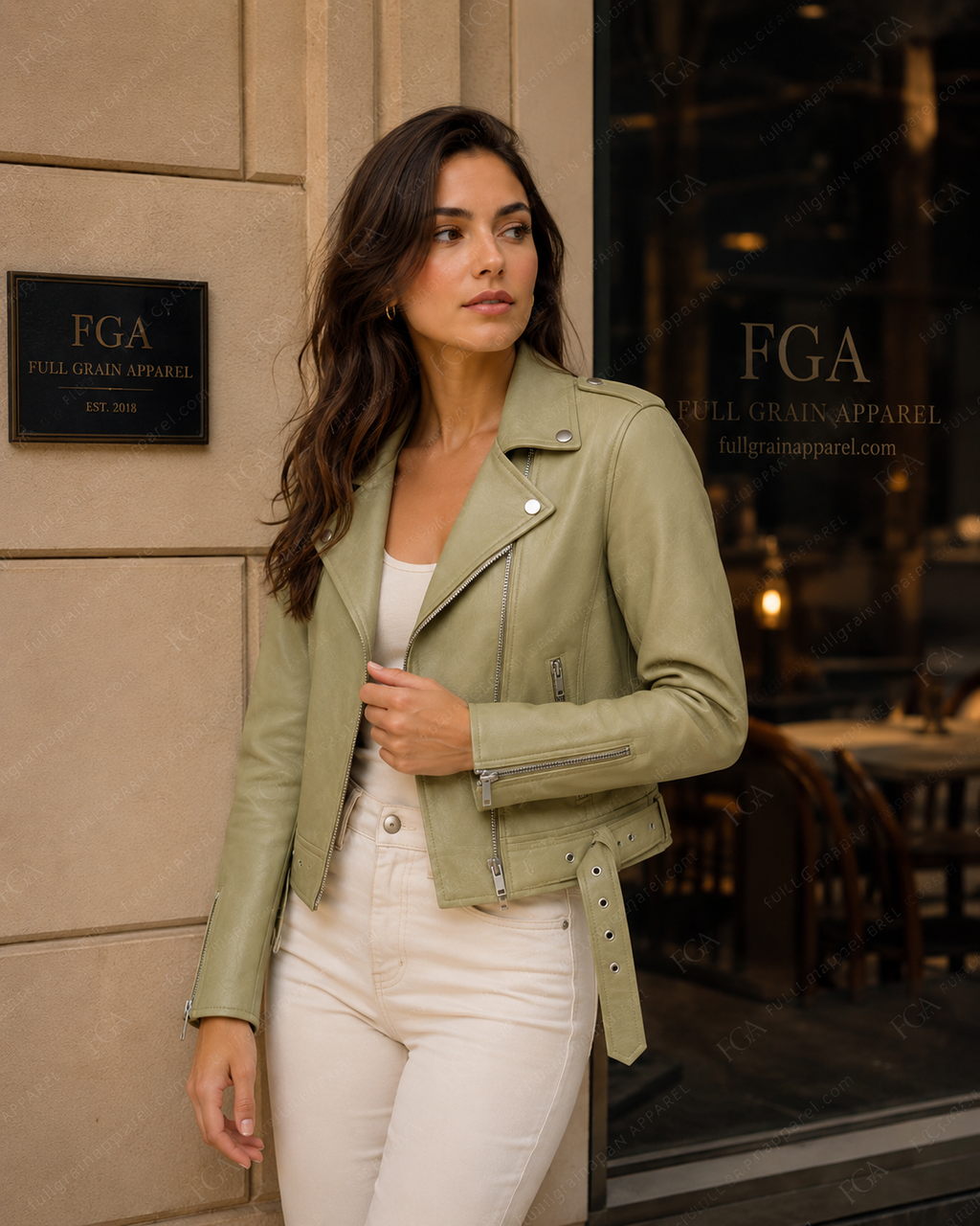 Women's Sage Green Moto Leather Jacket | Premium Biker Style | Full Grain Apparel