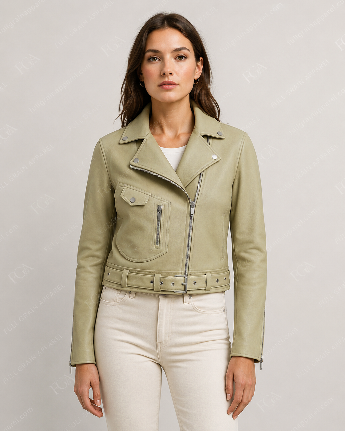 Women's Sage Green Moto Leather Jacket | Premium Biker Style | Full Grain Apparel