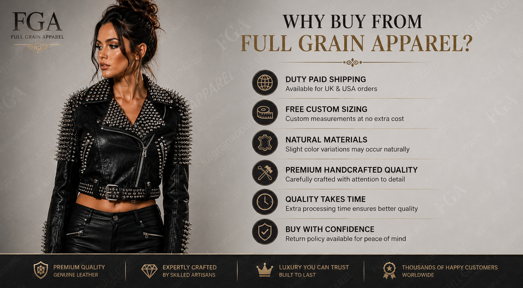 Women's Spiked Moto Leather Jacket – Black Punk Biker Style | Full Grain Apparel
