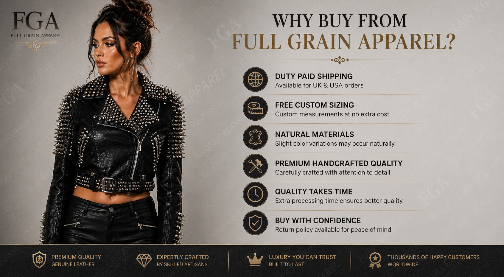 Women's Spiked Moto Leather Jacket – Black Punk Biker Style | Full Grain Apparel
