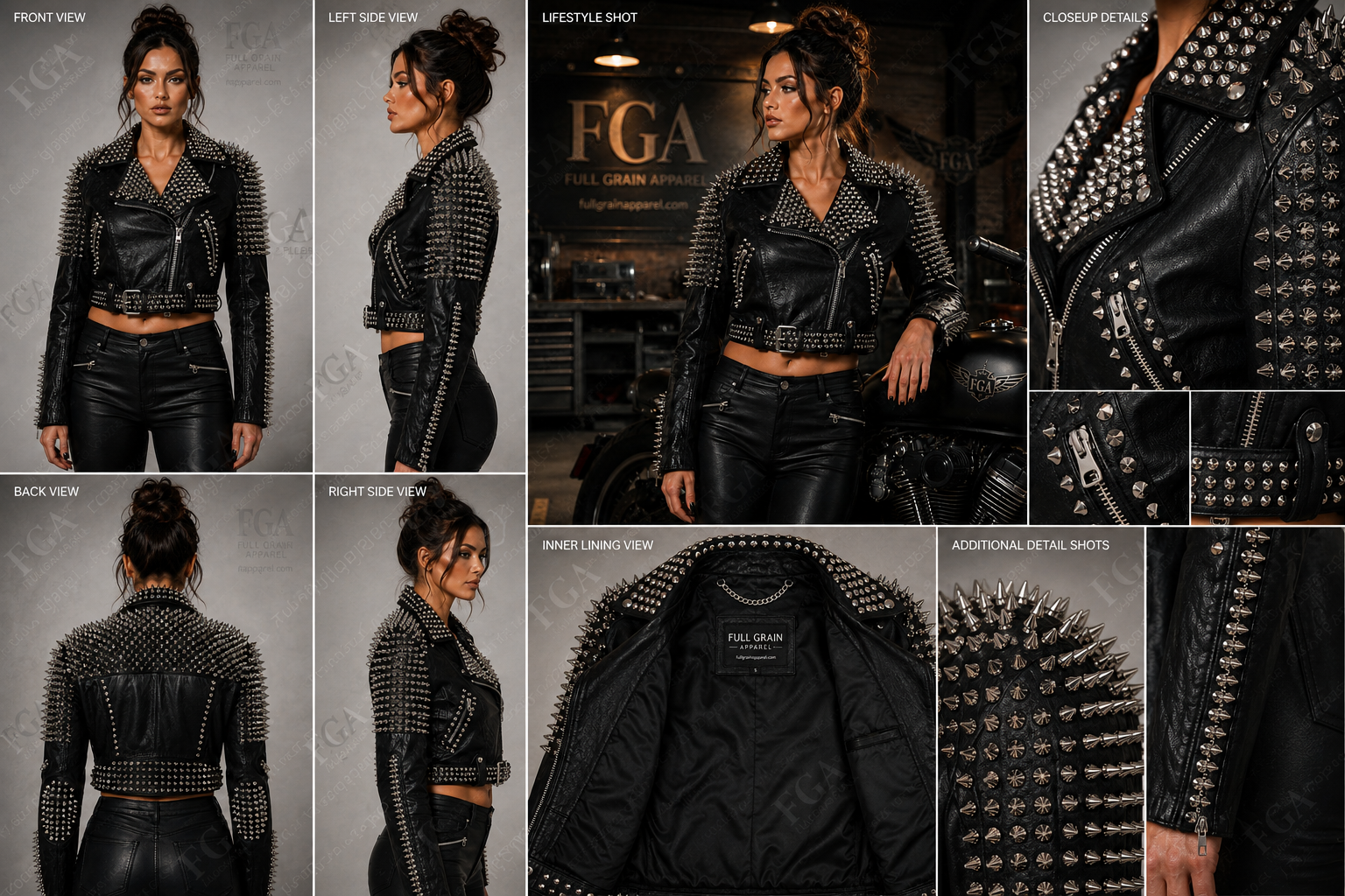 Women's Spiked Moto Leather Jacket – Black Punk Biker Style | Full Grain Apparel