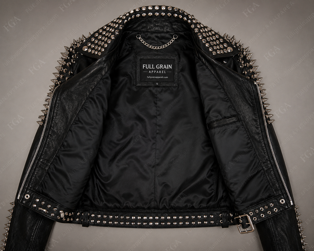 Women's Spiked Moto Leather Jacket – Black Punk Biker Style | Full Grain Apparel