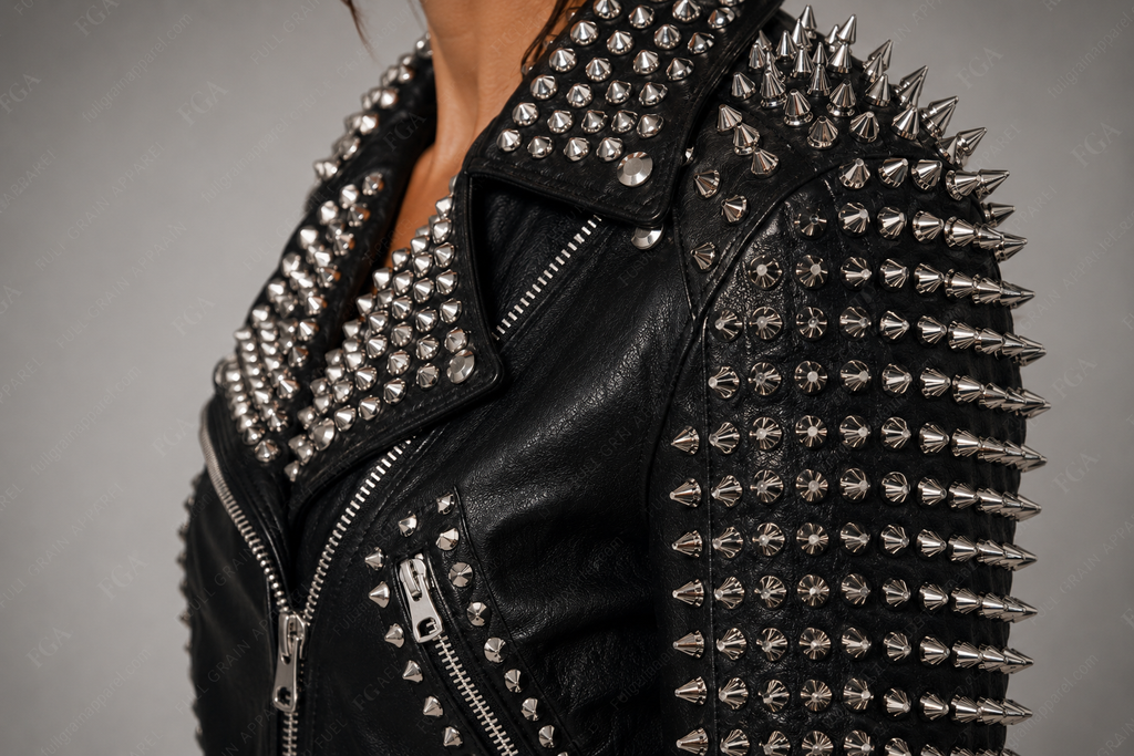 Women's Spiked Moto Leather Jacket – Black Punk Biker Style | Full Grain Apparel