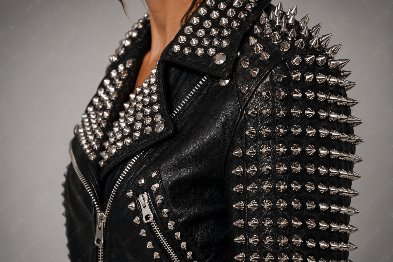 Women's Spiked Moto Leather Jacket – Black Punk Biker Style | Full Grain Apparel