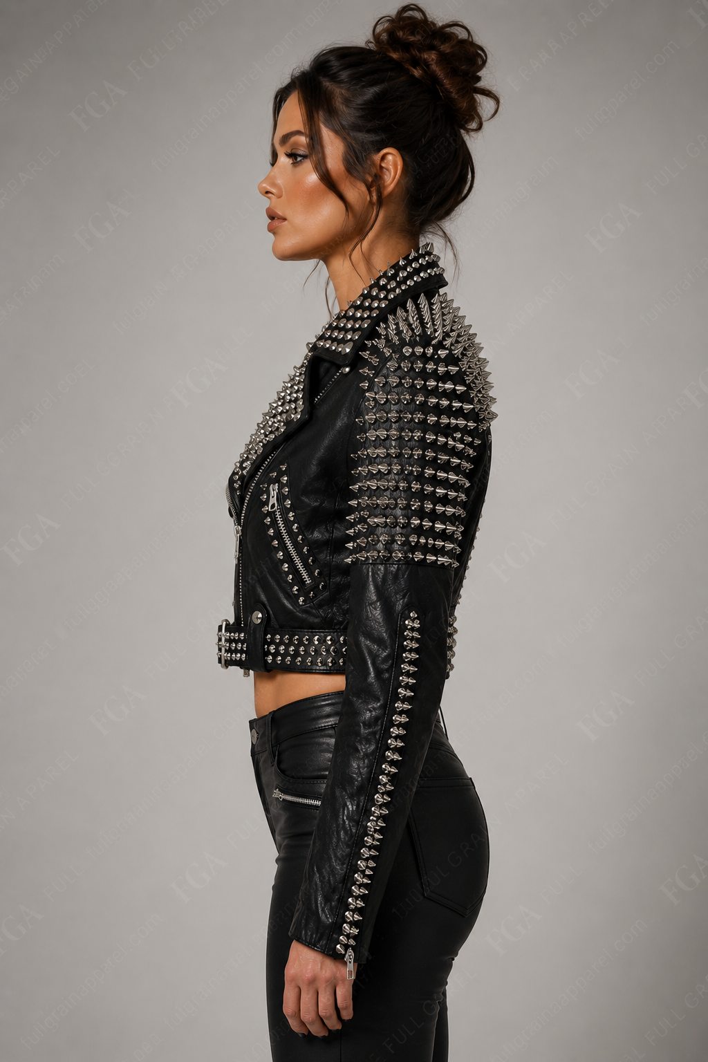 Women's Spiked Moto Leather Jacket – Black Punk Biker Style | Full Grain Apparel