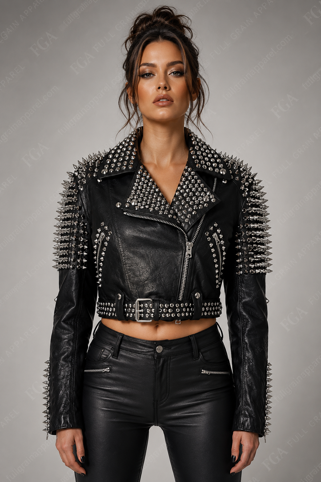 Women's Spiked Moto Leather Jacket – Black Punk Biker Style | Full Grain Apparel