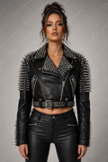 Women's Spiked Moto Leather Jacket – Black Punk Biker Style | Full Grain Apparel