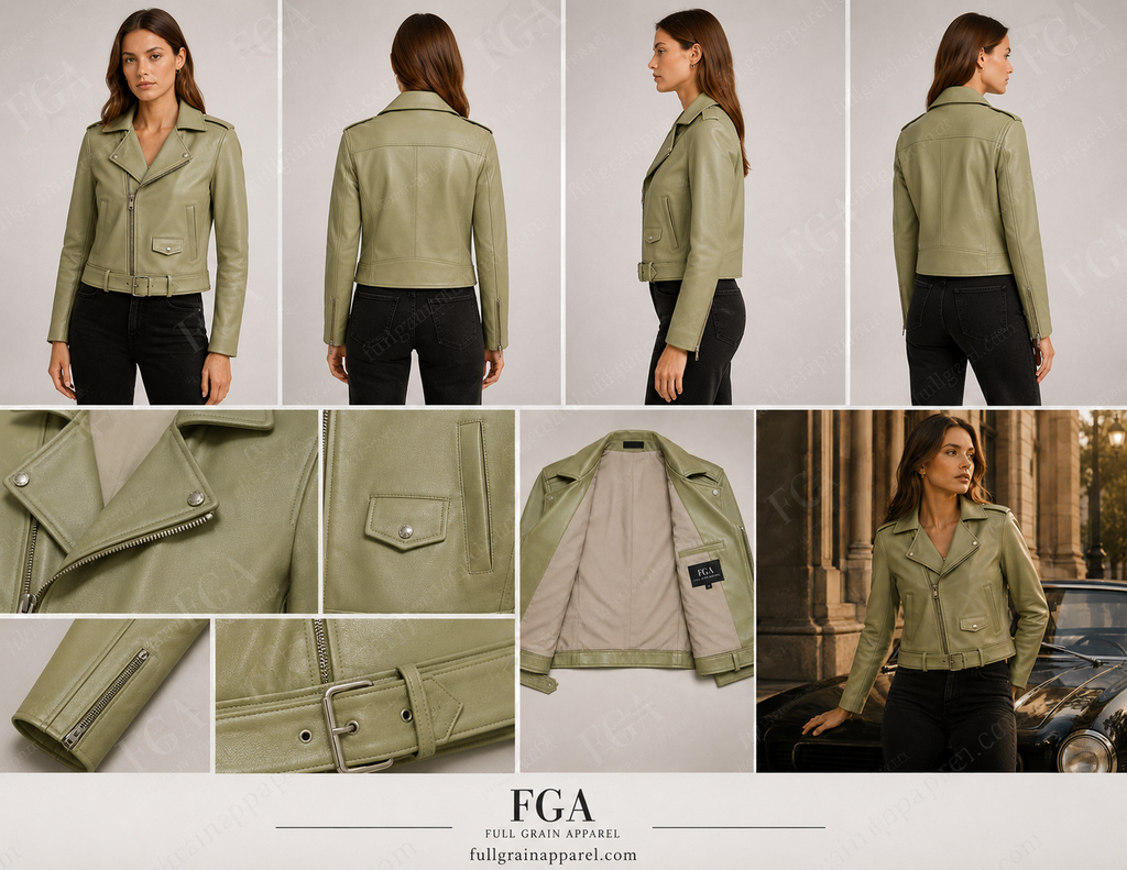 Women's Sage Green Moto Leather Jacket - Premium Biker Style | Full Grain Apparel