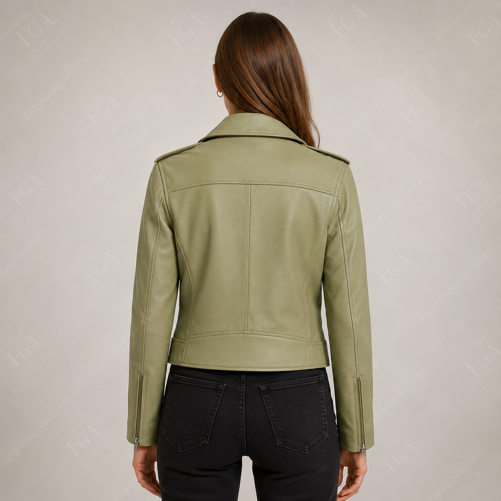 Women's Sage Green Moto Leather Jacket - Premium Biker Style | Full Grain Apparel