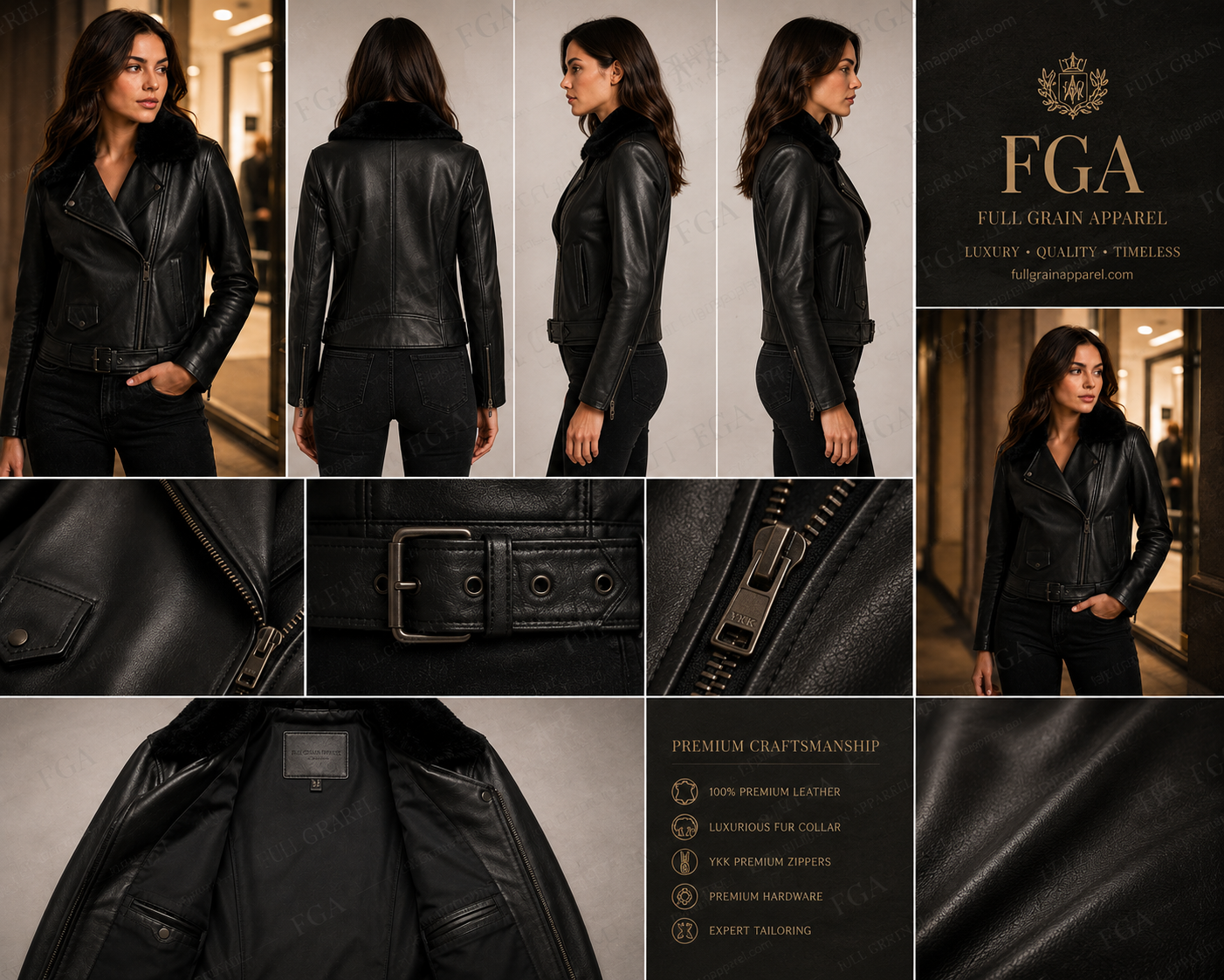Women's Black Moto Leather Jacket with Fur Collar | Full Grain Apparel