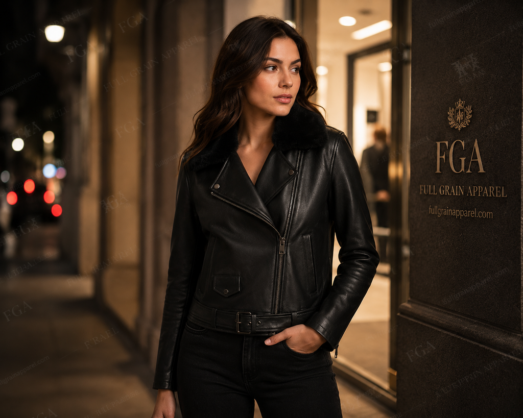 Women's Black Moto Leather Jacket with Fur Collar | Full Grain Apparel