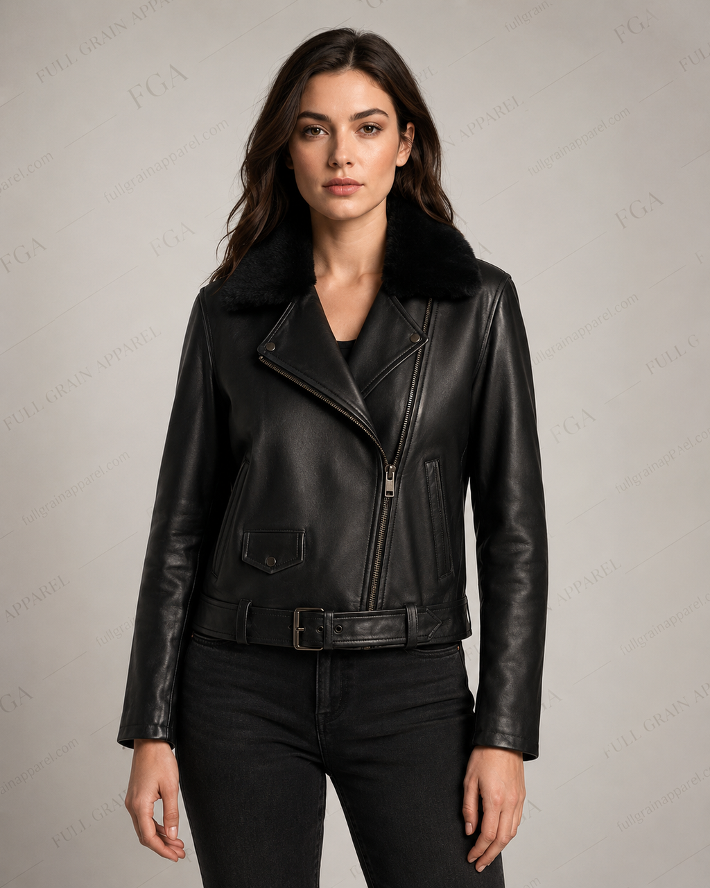 Women's Black Moto Leather Jacket with Fur Collar | Full Grain Apparel