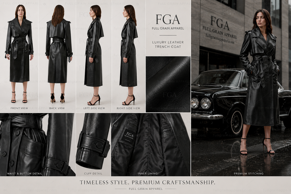 Women's Long Black Leather Trench Coat - Luxury Belted Style | Full Grain Apparel