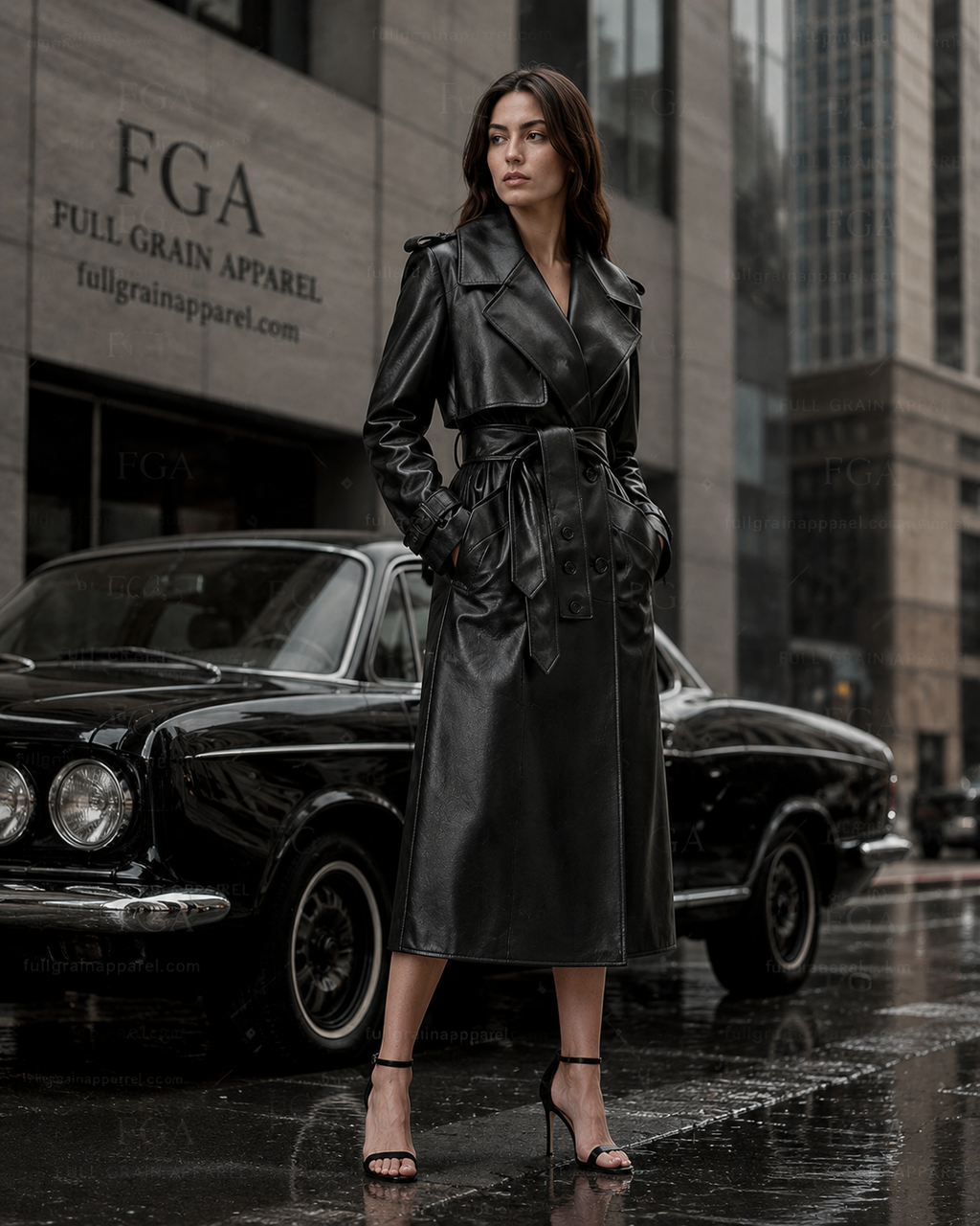 Women's Long Black Leather Trench Coat - Luxury Belted Style | Full Grain Apparel