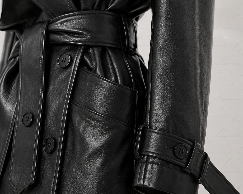 Women's Long Black Leather Trench Coat - Luxury Belted Style | Full Grain Apparel