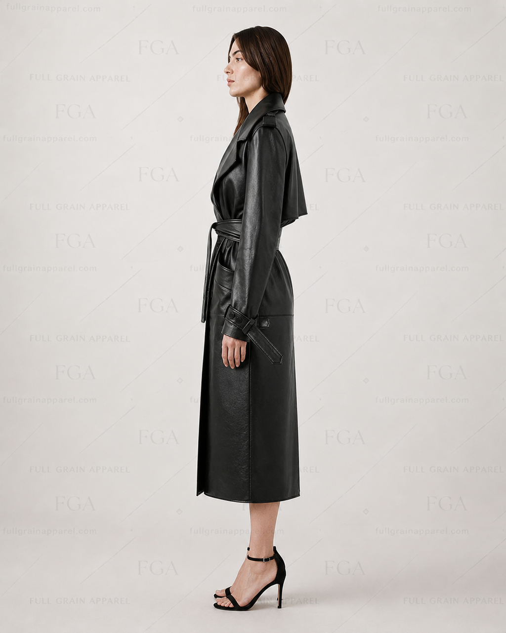 Women's Long Black Leather Trench Coat - Luxury Belted Style | Full Grain Apparel