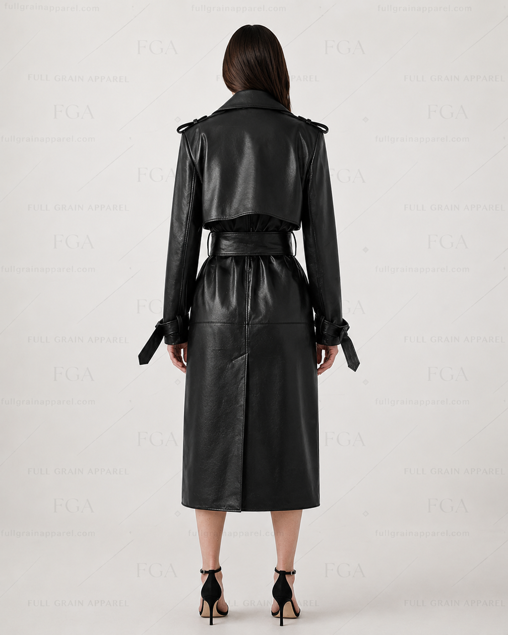 Women's Long Black Leather Trench Coat - Luxury Belted Style | Full Grain Apparel