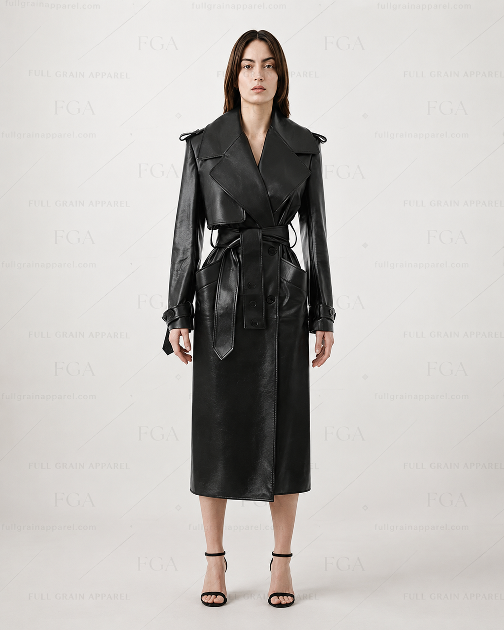 Women's Long Black Leather Trench Coat - Luxury Belted Style | Full Grain Apparel
