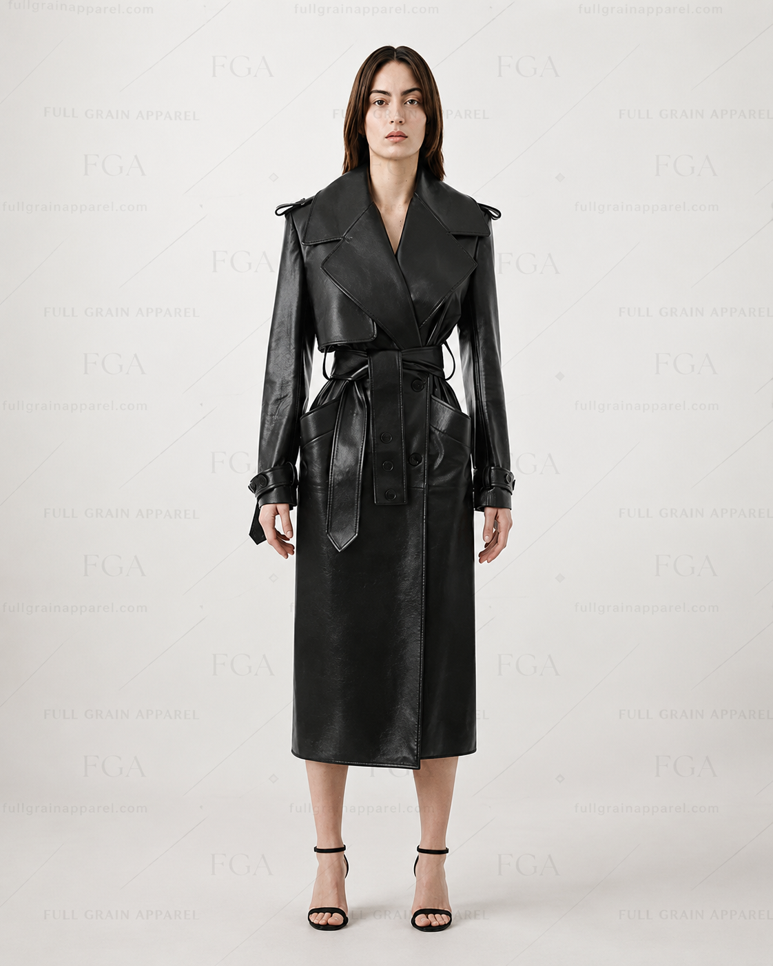 Women's Long Black Leather Trench Coat - Luxury Belted Style | Full Grain Apparel