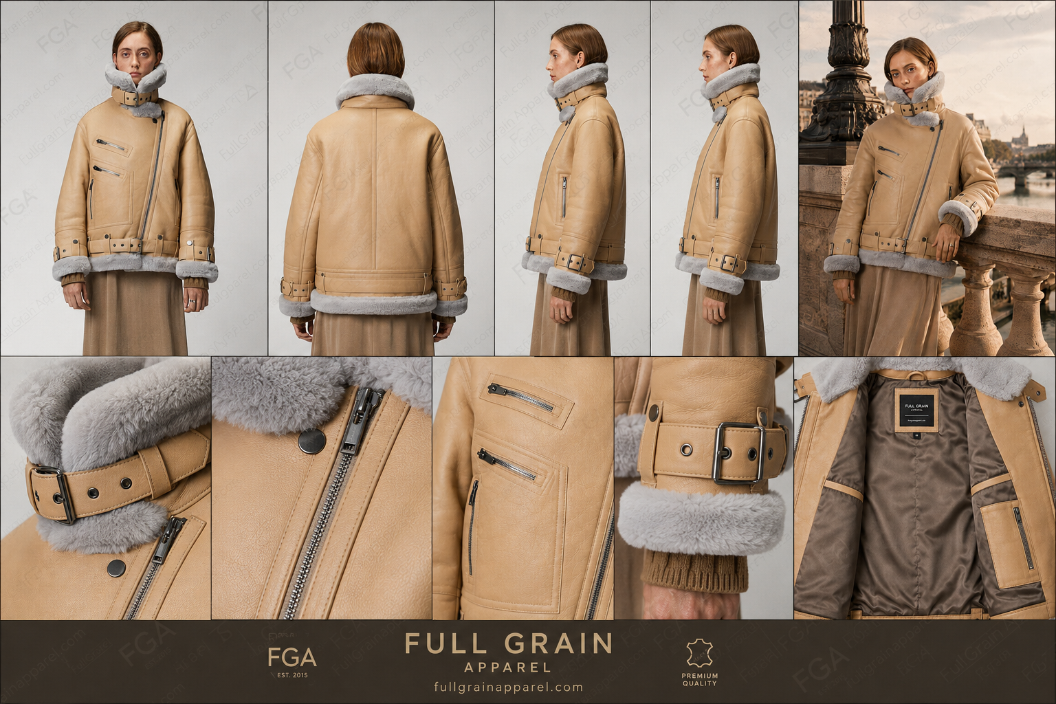 Women's Beige B3 Shearling Leather Aviator Jacket | Full Grain Apparel