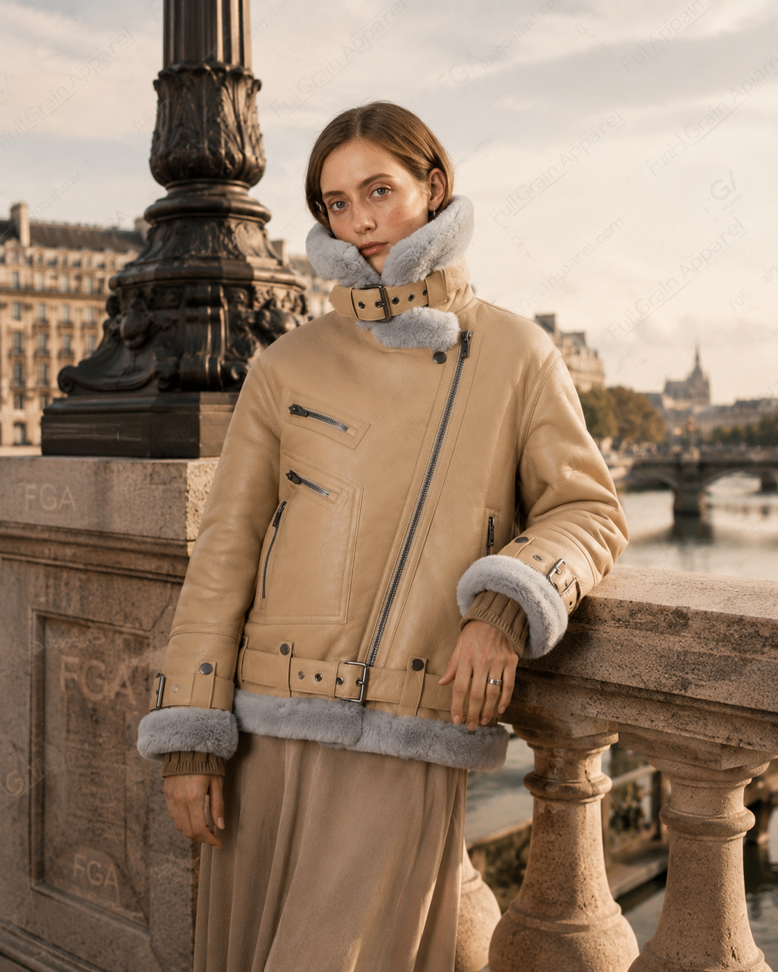 Women's Beige B3 Shearling Leather Aviator Jacket | Full Grain Apparel