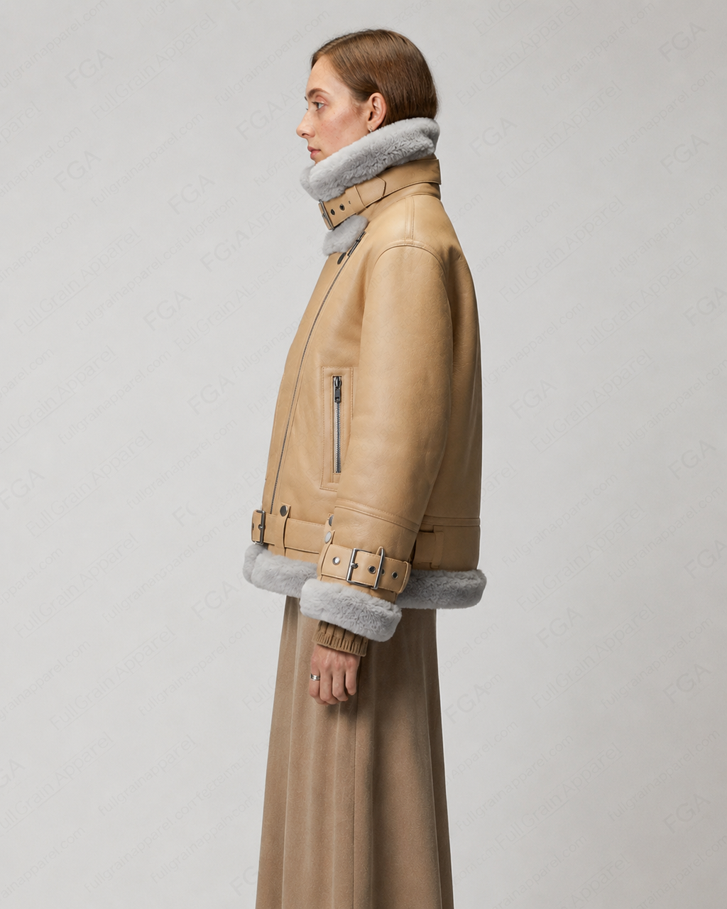 Women's Beige B3 Shearling Leather Aviator Jacket | Full Grain Apparel