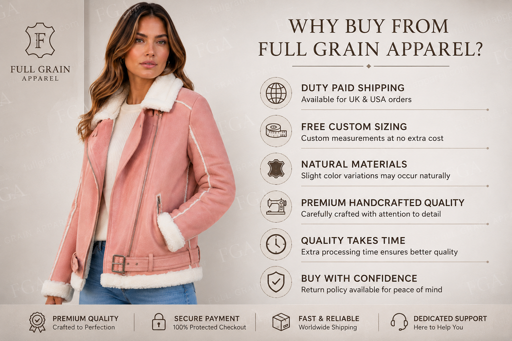 Women's Pink B3 Shearling Leather Aviator Jacket | Full Grain Apparel