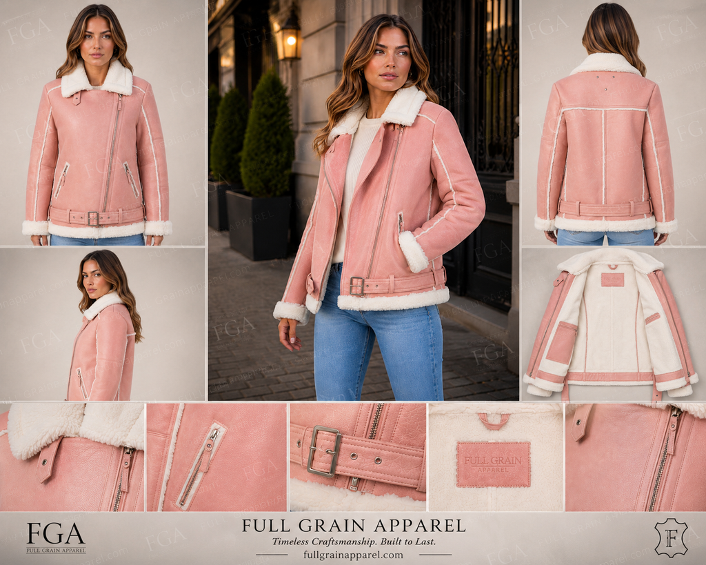 Women's Pink B3 Shearling Leather Aviator Jacket | Full Grain Apparel