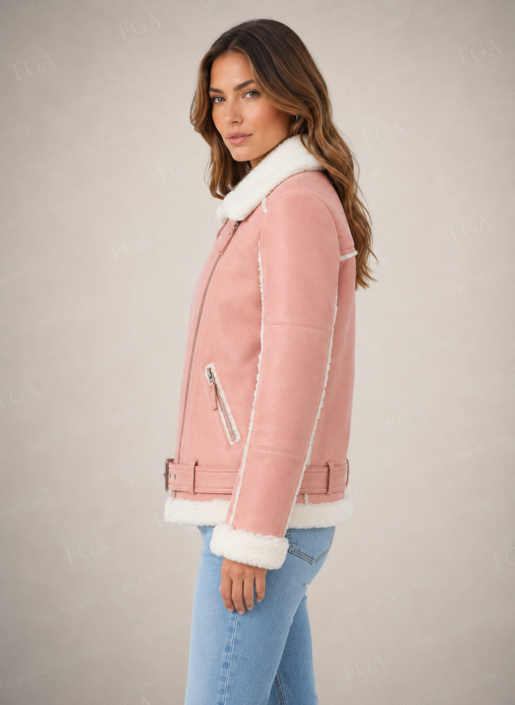 Women's Pink B3 Shearling Leather Aviator Jacket | Full Grain Apparel