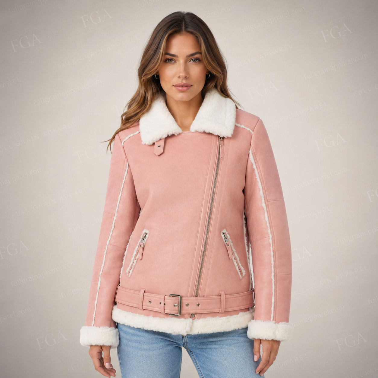 Women's Pink B3 Shearling Leather Aviator Jacket | Full Grain Apparel