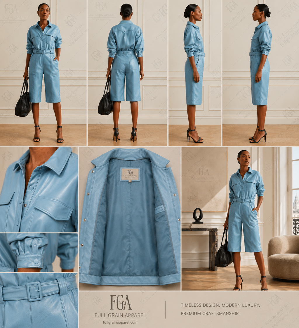 Women's Sky Blue Leather Utility Jumpsuit - Luxury One Piece | Full Grain Apparel