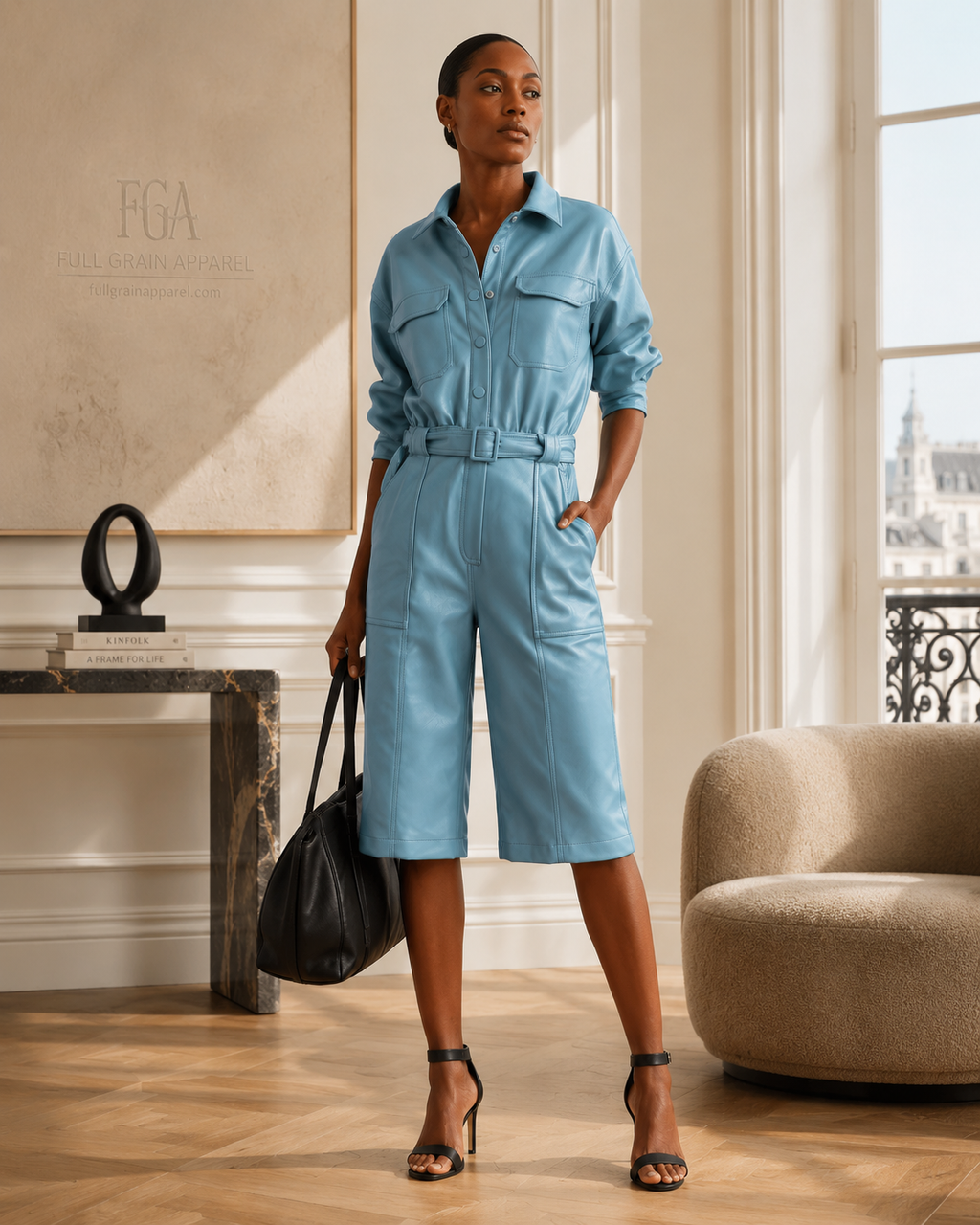 Women's Sky Blue Leather Utility Jumpsuit - Luxury One Piece | Full Grain Apparel