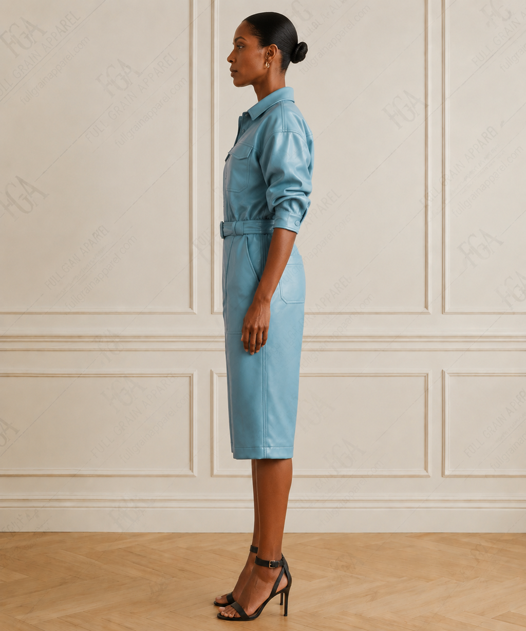 Women's Sky Blue Leather Utility Jumpsuit - Luxury One Piece | Full Grain Apparel