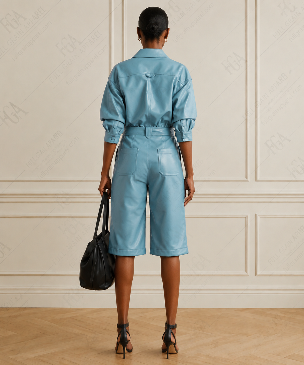 Women's Sky Blue Leather Utility Jumpsuit - Luxury One Piece | Full Grain Apparel